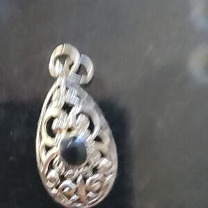 Vintage Teardrop Filigree Pendant with Black Cabochon Silver Tone Charm Dangle